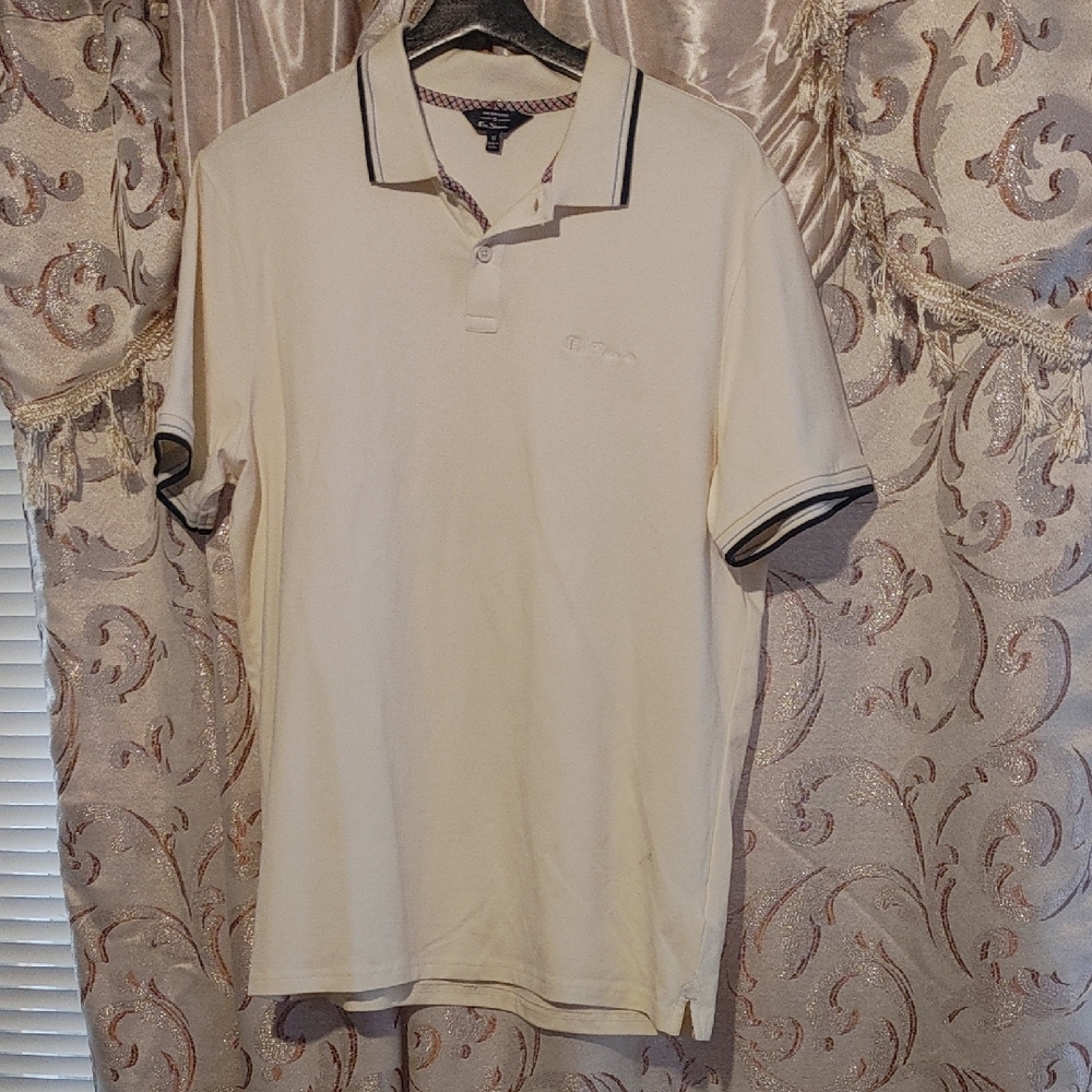 Men's Ben Sherman Cream Polo with Blue Line Trim and MOD Button